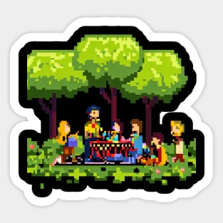 A group of people enjoying a picnic in a park Sticker